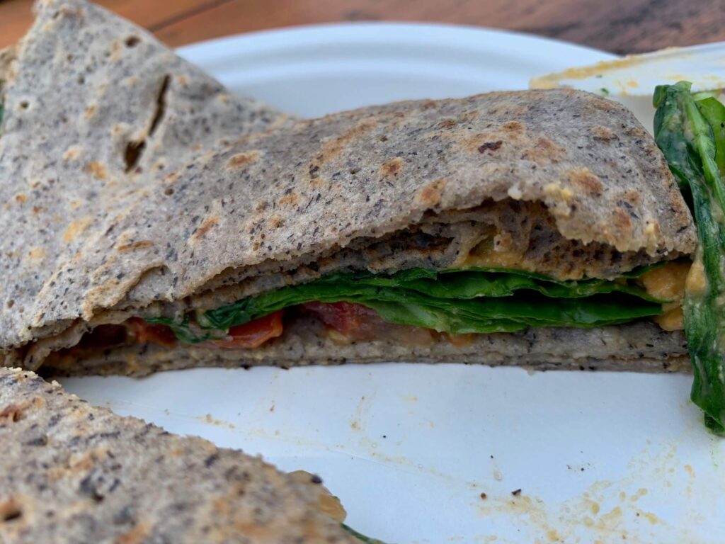 buckwheat crepe with veggies inside closeup view