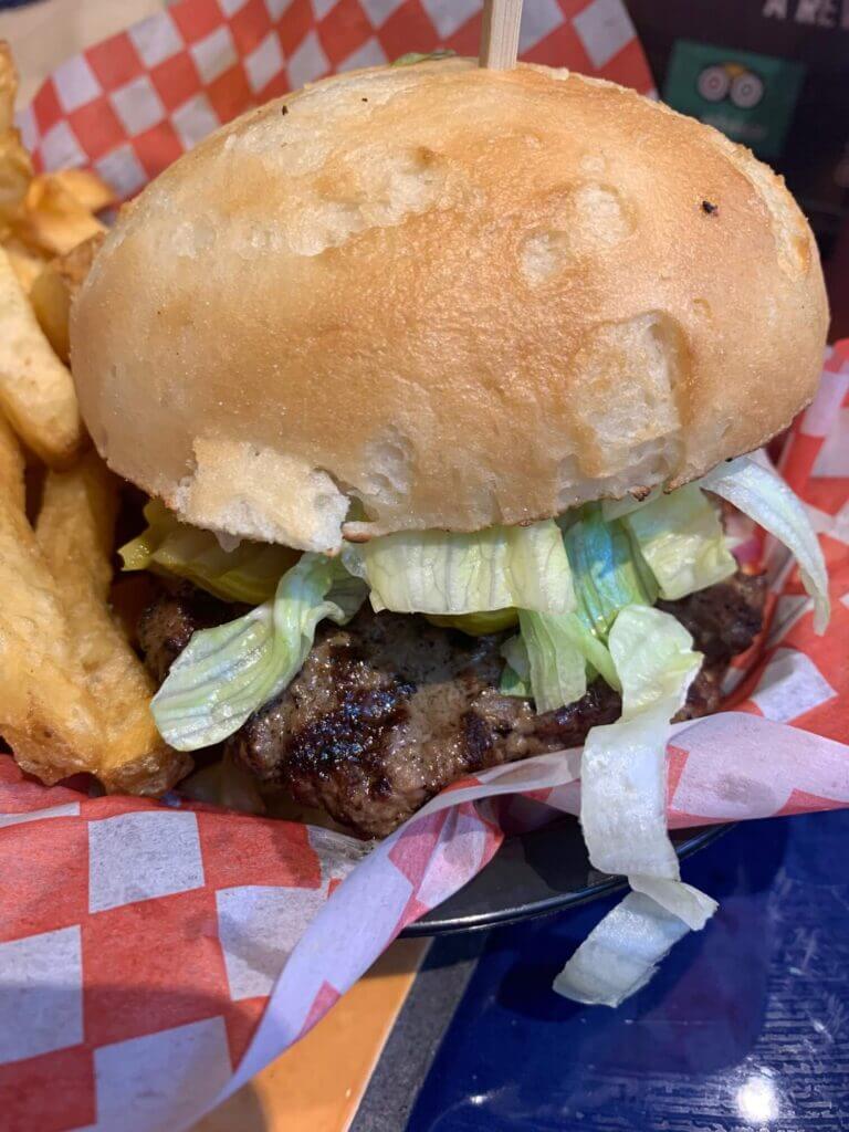 Splitz Grill gluten free burger and fries closeup view