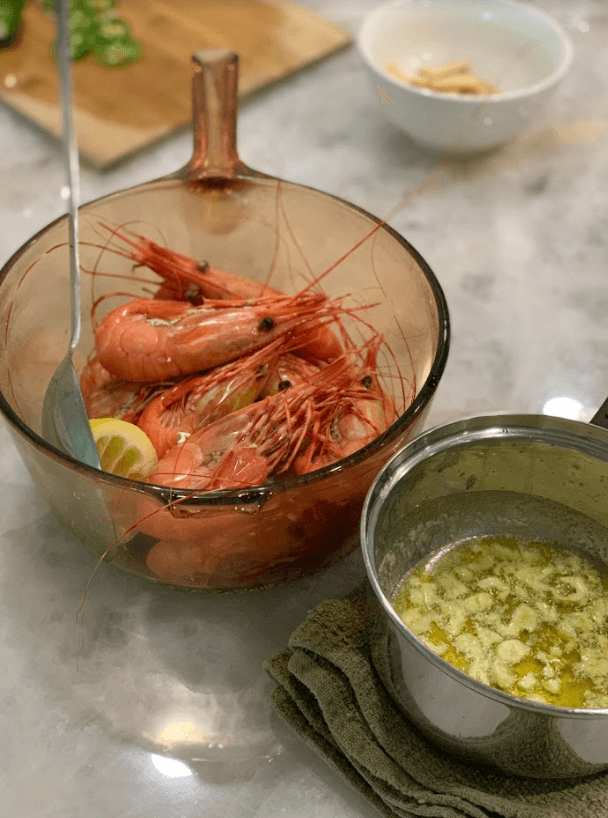 boiled spot prawns with garlic butter on the side