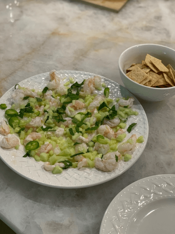 spot prawn crudo with gluten free crackers on the side