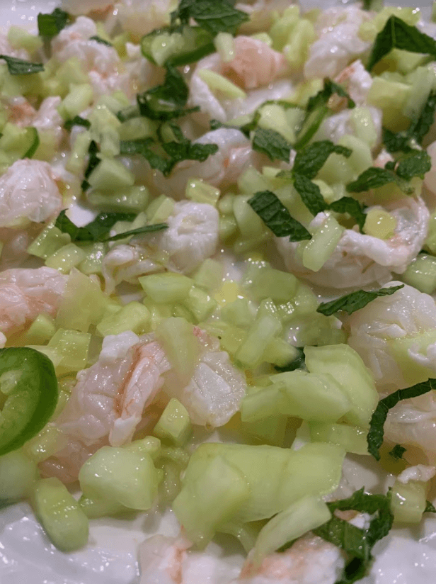 spot prawn crudo close up view