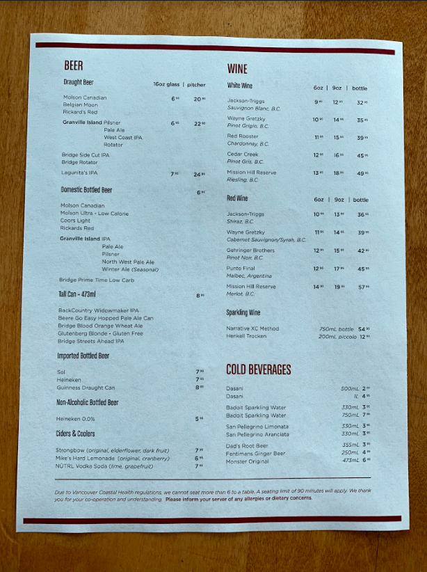 Altitude's Bistro drink menu