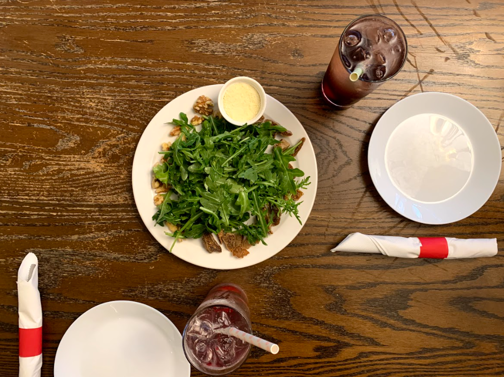 arugula salad with our drinks top view