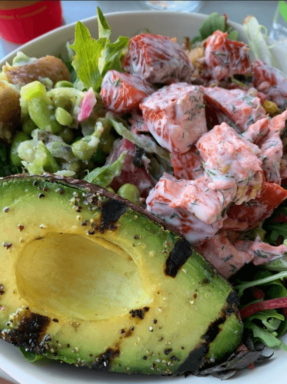 wild salmon bowl close up view