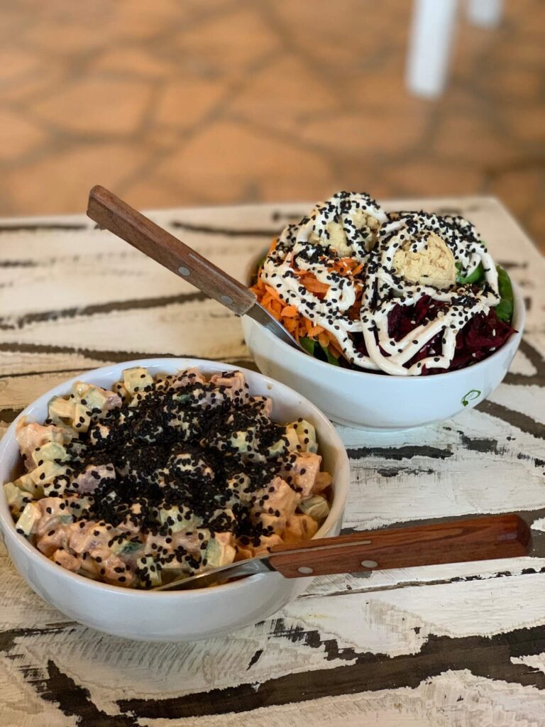 buddha bowl and poke pancho bowl with raw tuna at Organi-k Sayulita